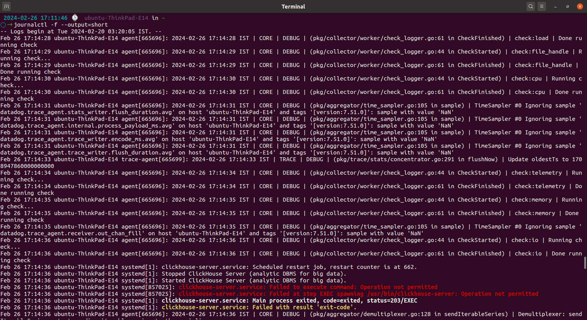 journalctl -f --output=short - Output