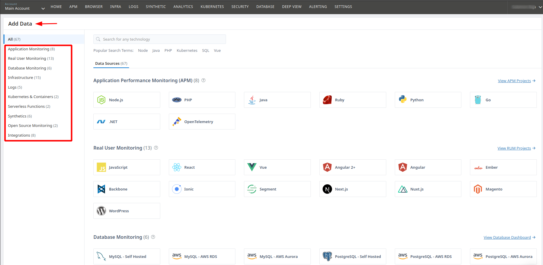 Atatus Add Data UI showing Monitoring Options
