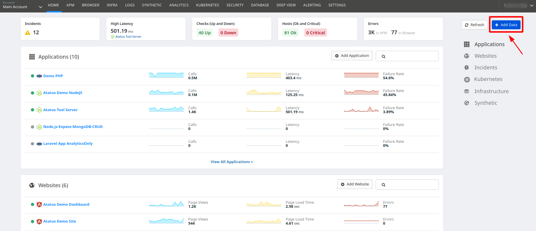 The ‘Add Data’ option in Atatus