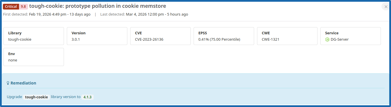 Atatus CVE Detail Card with Remediation Path.