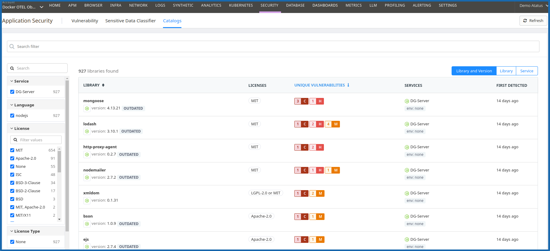 Atatus Catalogs View