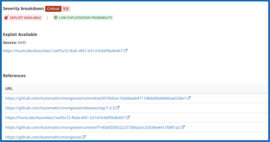 Atatus Severity Breakdown with Exploit Availability and NVD References