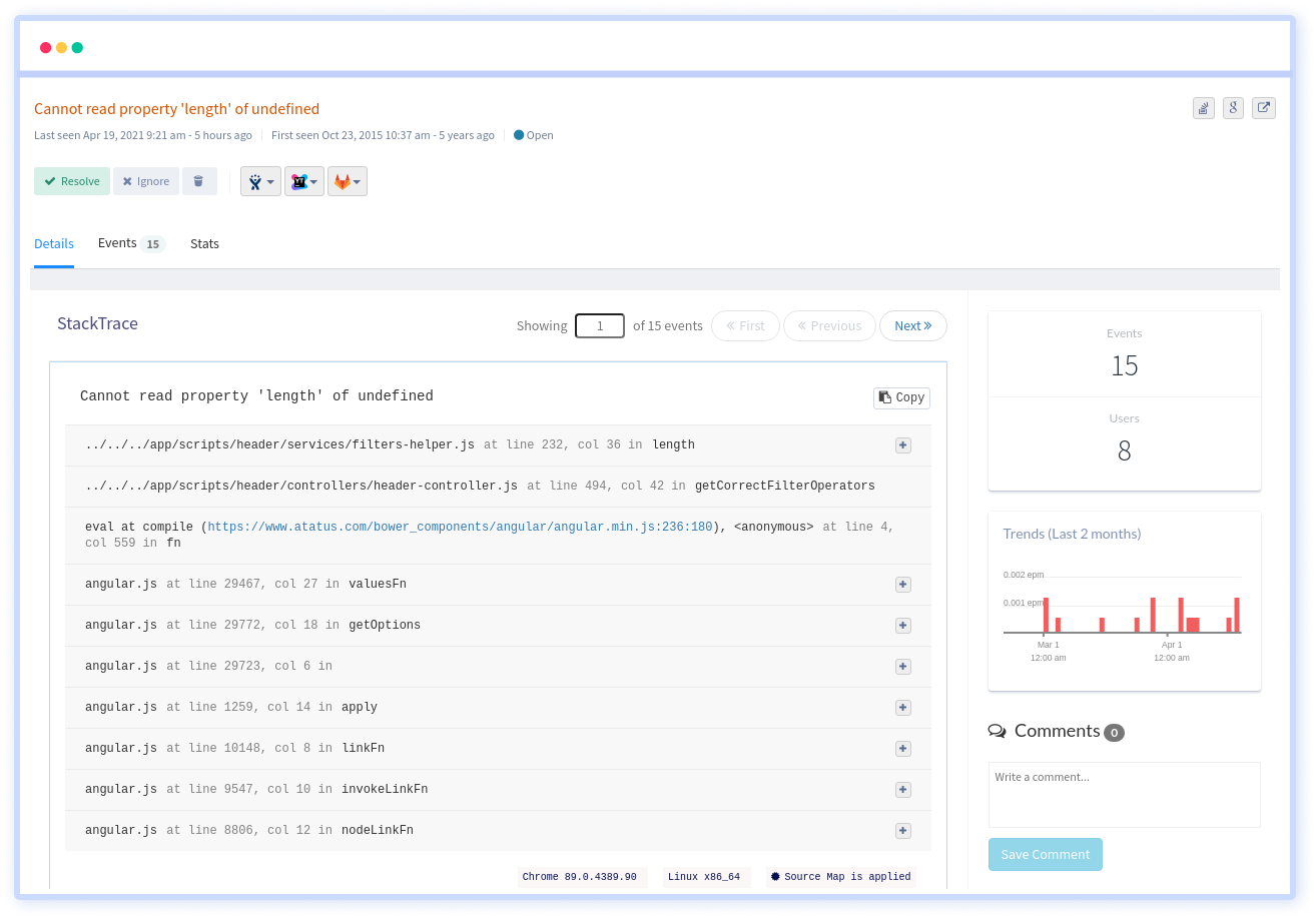 Javascript Error Tracking - Find which user actions lead to exceptions